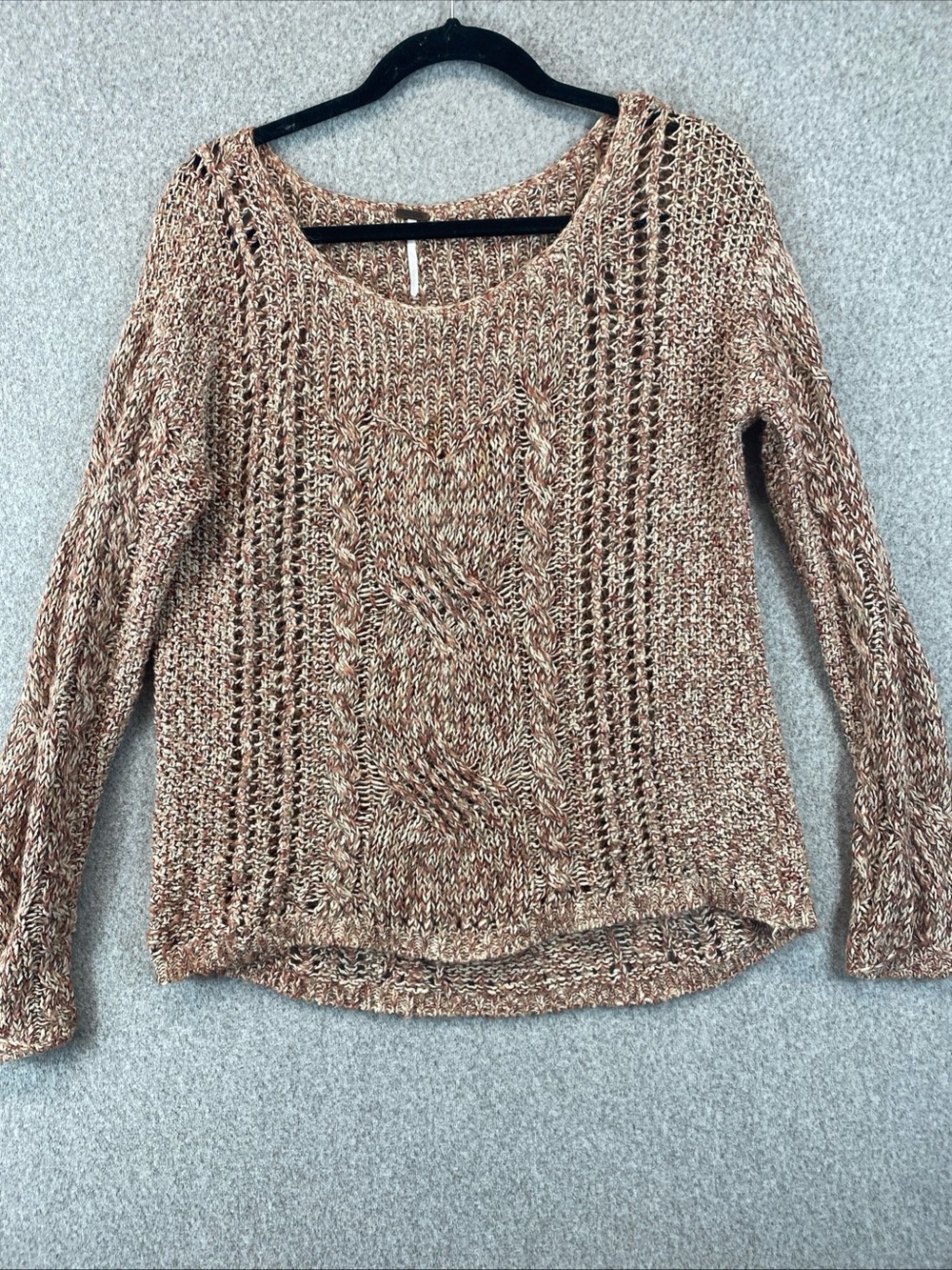 Free People Brown Open Knit Sweater Womens Medium Cotton Wool Alpaca Cable Knit